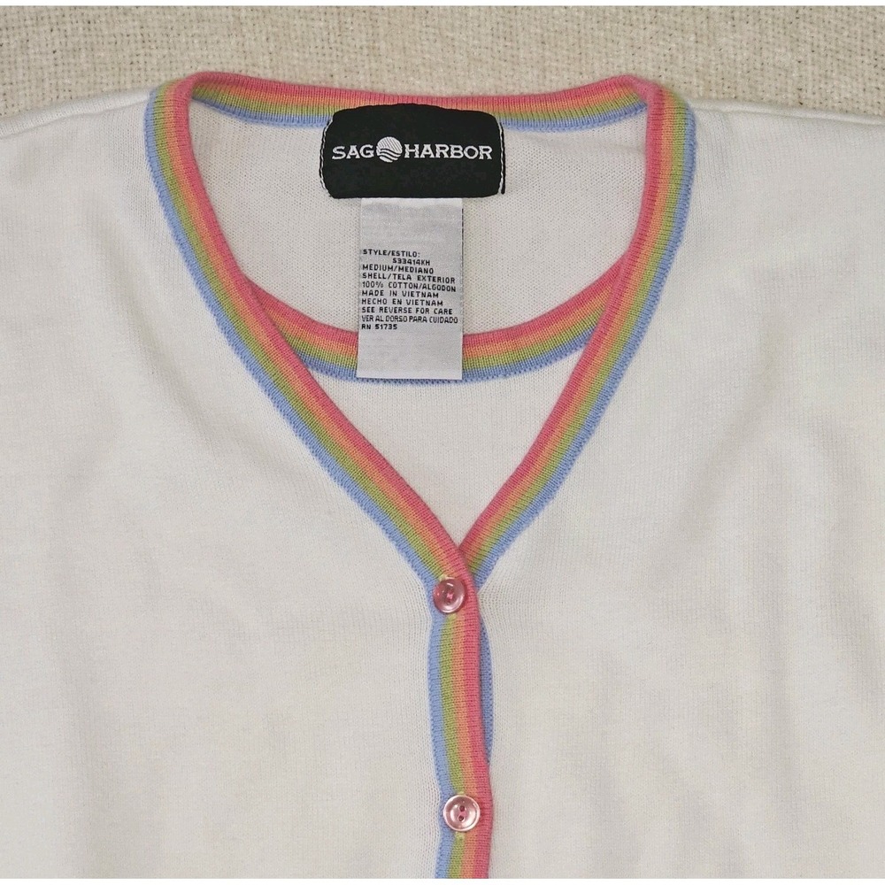 VTG SAG Harbor White Layered Look Cardigan with Rainbow Pipping Measures Medium - Picture 3 of 7